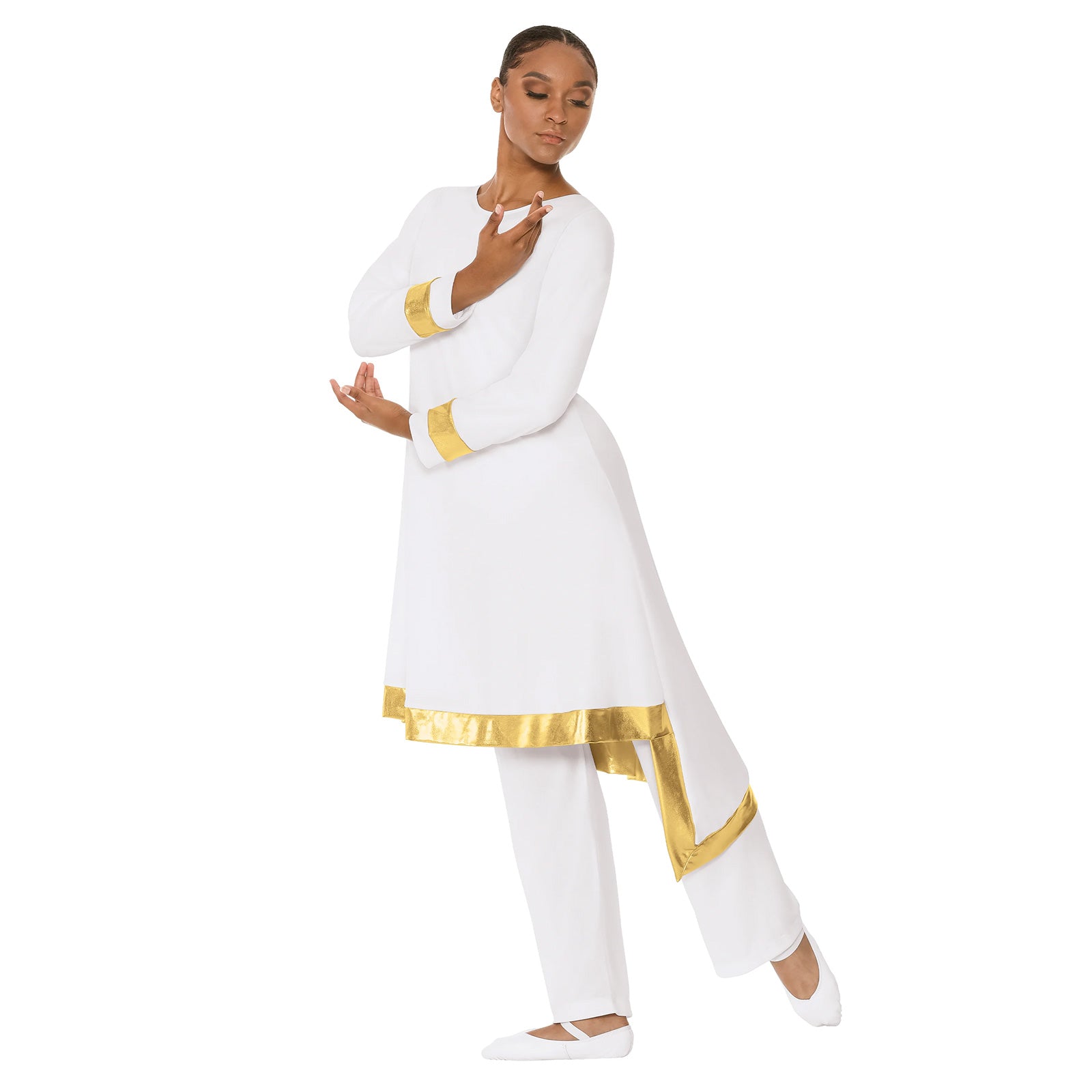 Eurotard Adult High Favor Angled Hem Tunic Adult S/M White/Gold - DanceSupplies.com