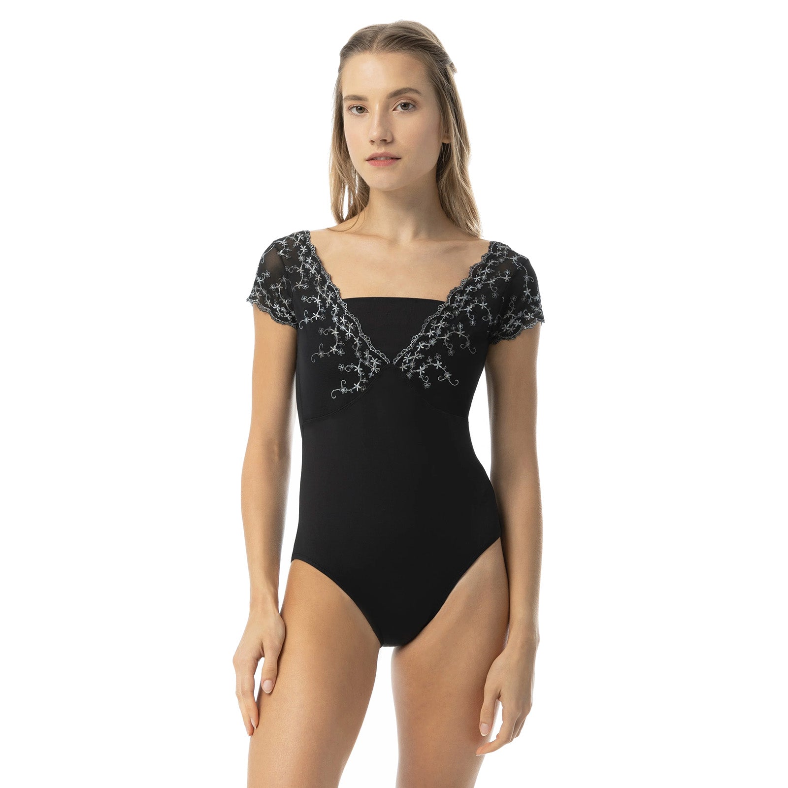 Suffolk Adult Daphne Illusion Cap Sleeve Leotard Adult P Black - DanceSupplies.com