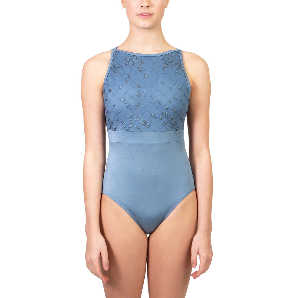 Suffolk Adult Embroidered Mesh Bateau Neck Leotard Adult P Blue - DanceSupplies.com